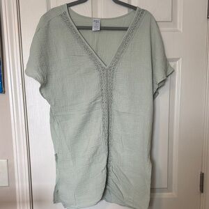 Kona Sol Light Sage Green V-Neck Swim Coverup with Crochet Trim